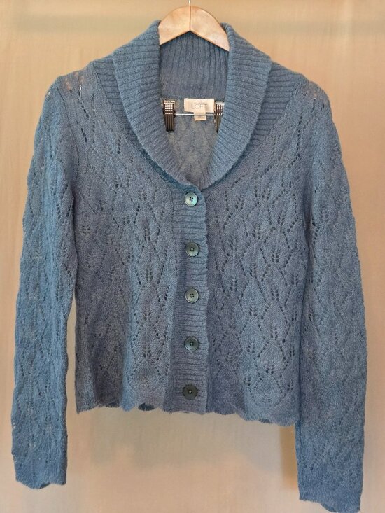 LOFT Sweaters - LOFT Dusty Blue Open Lace Knit Mohair Cardigan w Ribbed Shawl Style Collar M